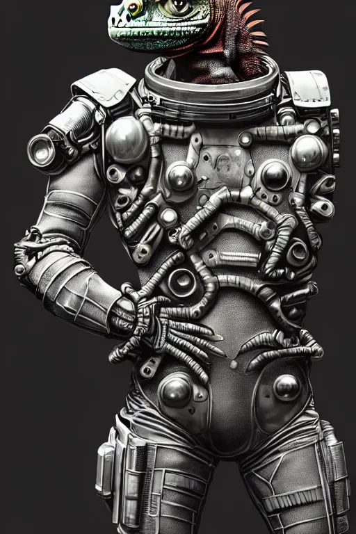 Image similar to a portrait of a muscular anthropomorphic cyberpunk iguana! space mechanic in spacesuit armor with ensignia on chest plate by sandra chevrier, by jon foster, detailed render, pistol in holster, tape deck, epic composition, cybernetics, 4 k realistic, cryengine, realistic shaded lighting, sharp focus, masterpiece, by enki bilal