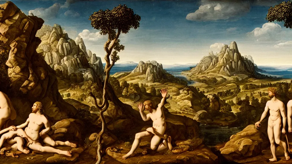 Prompt: Adam and eve going up the mountain, high detail, 8k, ornate, realistic, masterpiece, complex, wide angle, from a film Jodorowskys
