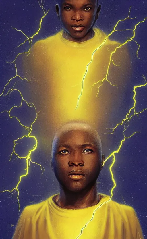 Image similar to upper half portrait of an african in yellow cape - inside the clouds - surrounded by bolts of lightning - rays of light emanating from clouds - in drew struzan movie poster style, art by drew struzan & hsiao - ron cheng, highly detailed, digital painting, ray tracing, illustration, smooth, sharp focus, intricate, symmetry, artstation,