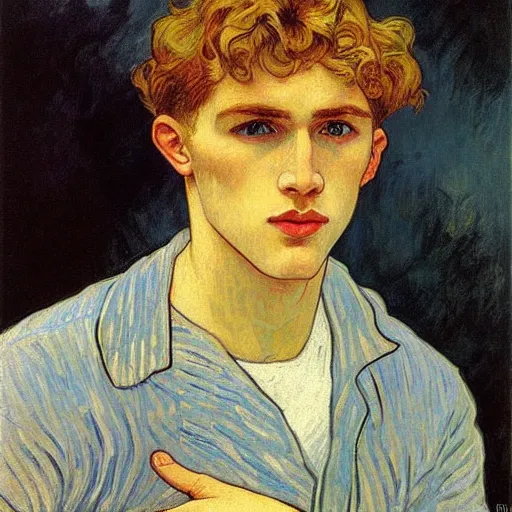 Image similar to painting of a young cute handsome beautiful strawberry blond medium wavy curly hair man in his early 2 0 s with grey - blue eyes wearing a blank t - shirt, by alphonse mucha, vincent van gogh, egon schiele