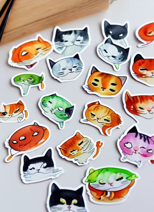 Prompt: cute cats and sushi watercolour sticker sheet