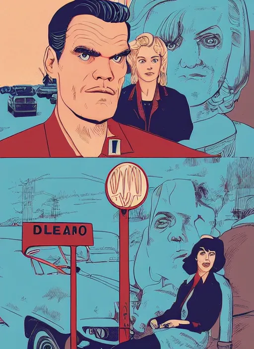 Prompt: Twin Peaks art, of Michael Shannon dressed as mechanic talking to Jennifer Connelly wearing light blue diner waitress dress, poster artwork by Tomer Hanuka and Kilian Eng, from scene from Twin Peaks, simple illustration, domestic, nostalgic, from scene from Twin Peaks, clean, New Yorker magazine cover