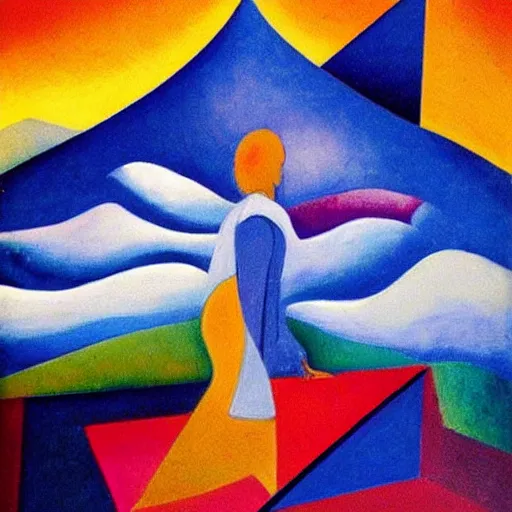 Prompt: woman in glorious robes rose up vast as the skies, old as the mountains and formless as starlight to shelter the precious memories, matter, messages, abstract art in the style of cubism and georgia o keefe