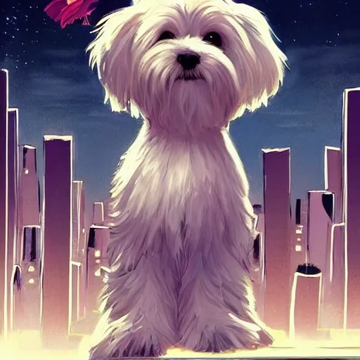 Prompt: cream colored havanese dog dressed as a super hero, looking over a futuristic city, wide shot, highly coherent, saga comic, graphic novel, fiona staples