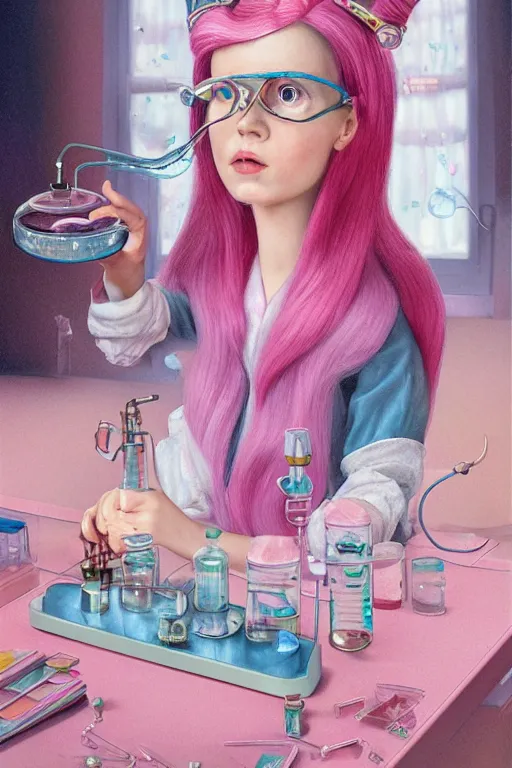 Prompt: highly detailed, profile portrait of princess bubblegum experimenting in her science lab, wearing lab coat and safety glasses and sapphire tiara, bubblegum hair, bubblegum face, bubblegum body, depth of field, illustration, concept art by nicoletta ceccoli, mark ryden, lostfish, detailed and intricate environment, 8 k resolution, hyperrealistic, octane render