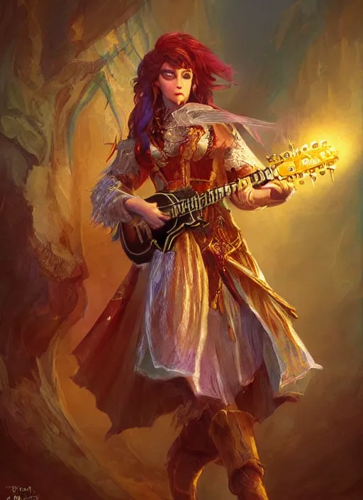 Image similar to female bard playing guitar, ultra detailed fantasy, dndbeyond, bright, colourful, realistic, dnd character portrait, full body, pathfinder, pinterest, art by ralph horsley, dnd, rpg, lotr game design fanart by concept art, behance hd, artstation, deviantart, hdr render in unreal engine 5