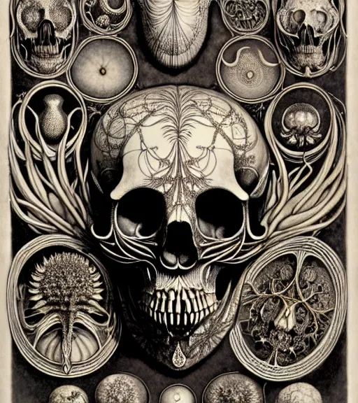 Image similar to art forms of nature by ernst haeckel, memento mori by arthur rackham, ornate antique porcelain beautiful skull mask, ultrasharp, photorealistic, hyperdetailed, octane render, polished, art nouveau, neo - gothic, gothic, intricate ornamental organic filigree, art nouveau botanicals, art forms of nature by ernst haeckel, horizontal symmetry, symbolist, visionary