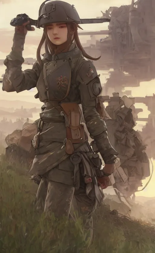 Prompt: panoramic view, a soldier girl, soldier clothing, battlefield in background, anime style, hair down, symmetrical facial features, from arknights, hyper realistic, 4 k, extreme detail, d & d, trending artstation, safebooru, realistic lighting, by alphonse mucha, greg rutkowski, sharp focus