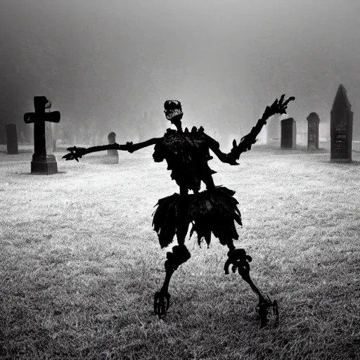 Prompt: A Skelton dancing in a grave yard, gloomy, dark, night time, foggy, dark colored, atmospheric