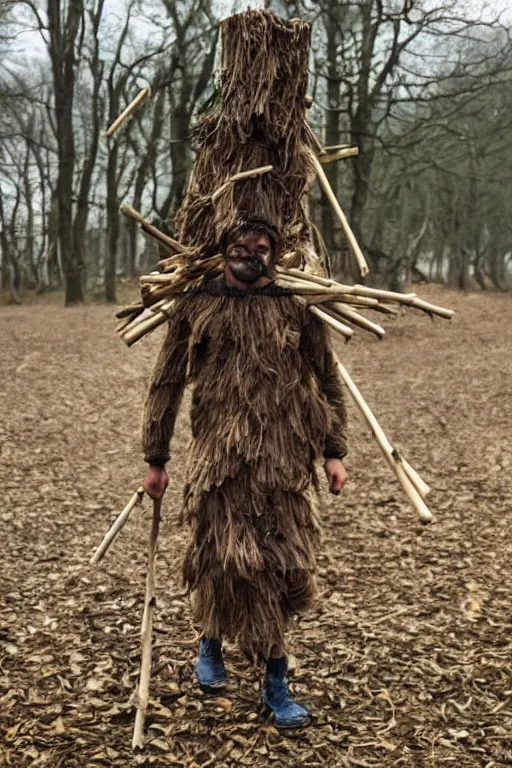 Prompt: a human - goat hybrid, carrying a bundle of sticks, wearing clothes made of leaves