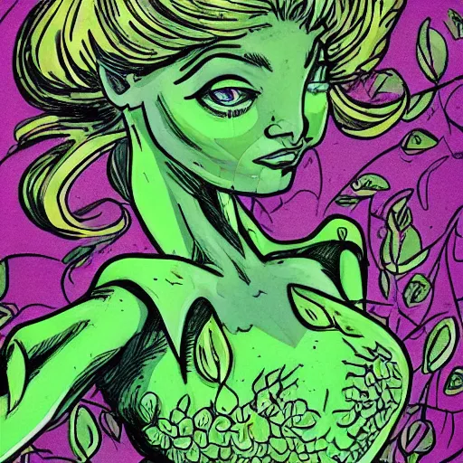 Image similar to Green Witch Walking, Garden, magical garden plant creatures, enchanted, life like plants, Drawn in the style of 1992 X-Men: The Animated Series, marvel comics by Jim Lee 1990's cartoon tv show, high detail, high accuracy