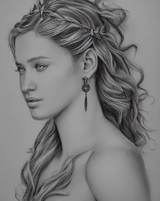 Image similar to long shot realism pencil drawing of a beautiful greek goddess aphrodite wearing a laurel wreath and arrowhead earrings, beautiful confident eyes, beautiful flowing hair, hyper realistic face, in the style of artgerm, fantasy, amazing detail, epic, elegant, smooth, sharp focus, from the front