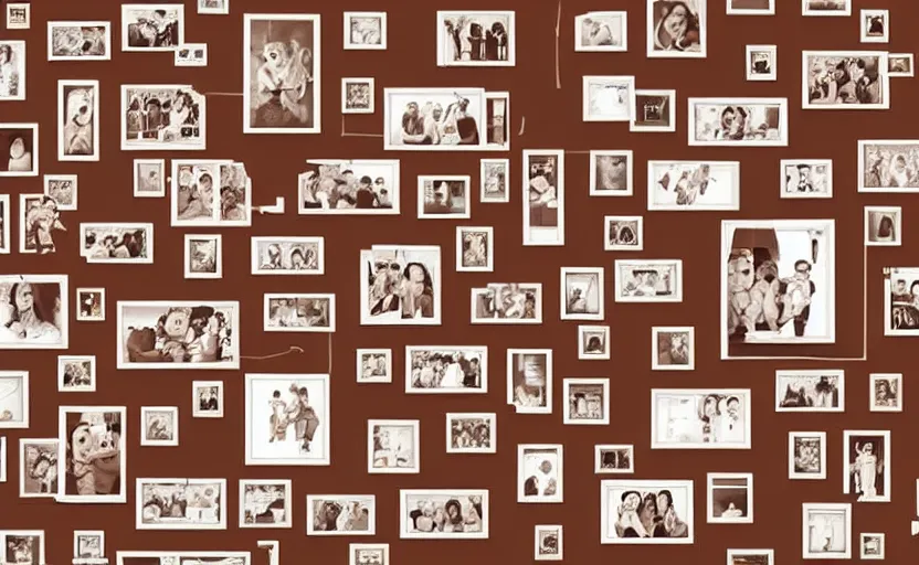 Prompt: story book illustration of a wall with family pictures, brown colors