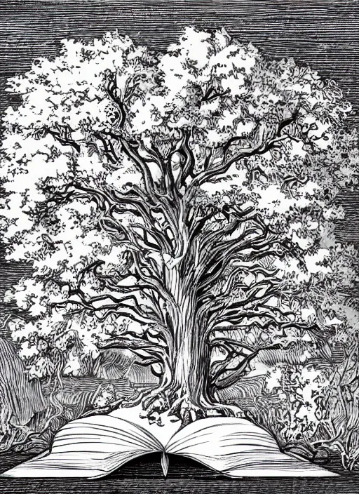 Image similar to gnarled ancient oak tree of life with roots wrapped in an open book, art by james o barr and albrecht durer, woodblock print, engraved, black and white, vector, vector art