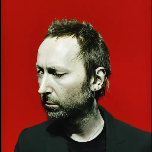 Prompt: Yorke Radiohead thom, with a beard and a black jacket, a portrait by John E. Berninger, dribble, neo-expressionism, uhd image, studio portrait, 1990s