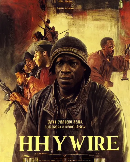 Prompt: Movie poster of The Wire, Highly Detailed, A master piece of storytelling, wide angle, cinematic shot, Battle, highly detailed, cinematic lighting, by frank frazetta + ilya repin , 8k, hd, high resolution print