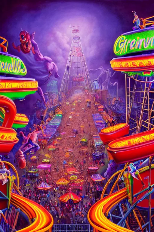 Image similar to a hyperrealistic detailed painting of a epic grandiose carnival in town with rides, games, prizes, glowing lights, colorful, chimeric creatures riding a rollercoaster. cinematic lighting, depth perspective, depth of field, cinematic angle, by chris cunningham and richard corben, highly detailed, vivid color,