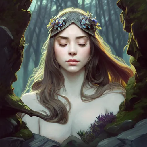 Image similar to wide angle, knight, sleeping on rock, white grey blue color palette, eyes closed, forest, female, d & d, fantasy, intricate, elegant, highly detailed, long brown hair, digital painting, artstation, octane render, concept art, matte, sharp focus, illustration, hearthstone, art by artgerm, alphonse mucha johannes voss