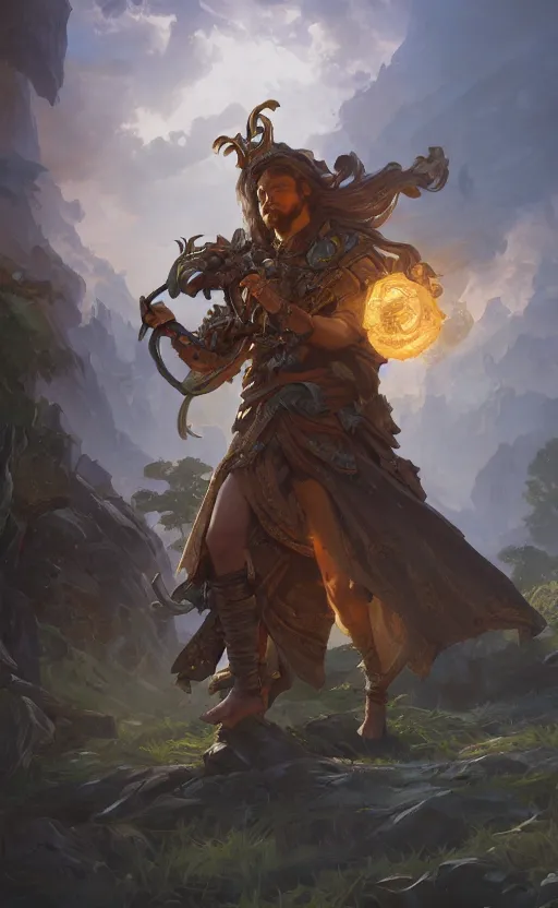 Image similar to male bard, ruins landscape, d & d, fantasy, intricate, highly detailed, digital painting, artstation, octane render, concept art, matte, sharp focus, illustration, hearthstone, art by artgerm and greg rutkowski and alphonse mucha