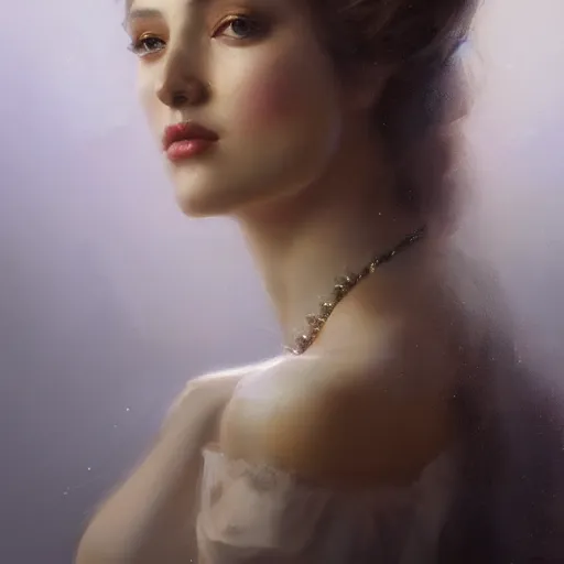 Image similar to a beautiful portrait painting of a glamorous actress, masterpiece by famous artist nasreddine dinet and eugene de blaas and greg rutkowski and artgerm and wlop, path tracing, intricate, elegant, highly detailed, digital painting, artstation, concept art, smooth, sharp focus