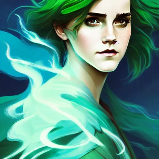 Prompt: style artgerm, joshua middleton, emma watson as a warrior monk wearing green pelt light amor, blue hair, swirling water cosmos, fantasy, dnd, cinematic lighting