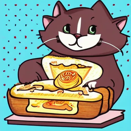 Image similar to obese cat sitting next to a slice of toast with indomie mi goreng noodles on top, traditional artstyle