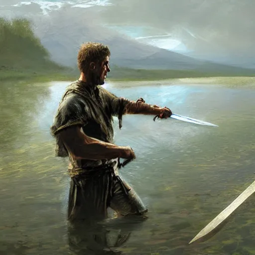 Prompt: digital painting of a hand holding a sword coming out of a lake by james gurney, craig mullins