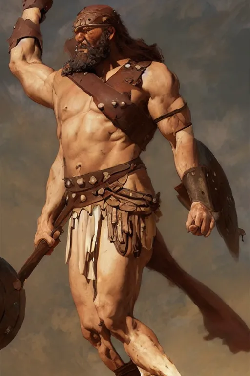 Image similar to ancient historically accurate depiction of the Bible Character Goliath of Gath, the Philistine warrior giant by frank miller, illustration by Ruan Jia and Mandy Jurgens and William-Adolphe Bouguereau, Artgerm, 4k, digital art, surreal, space dandy style, highly detailed, godsend, artstation, digital painting, concept art, smooth, sharp focus, illustration by Ruan Jia and Mandy Jurgens and William-Adolphe Bouguereau, Artgerm