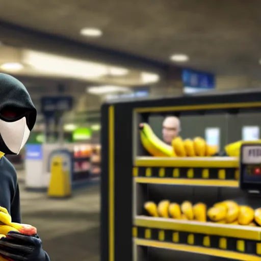 Image similar to a masked man at a self checkout stealing a banana, trending on artstation, depth field, unreal engine, cinematic, hyper realism, high detail, 8 k