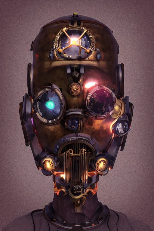 Image similar to steampunk mask minimalist fantasy art robot ninja helmet, global illumination ray tracing hdr fanart arstation by sung choi and eric pfeiffer and gabriel garza and casper konefal radiating a glowing aura