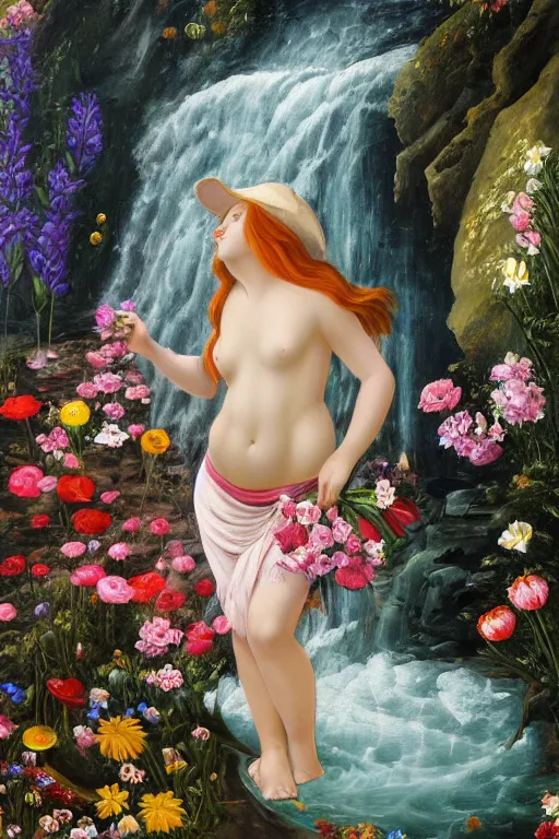 Image similar to oil painting, social realism, cave with waterfall, redheaded girl wearing hat of flowers and dress of fresh flowers, decorated with flowers, roses, lilies, chrysanthemums, irises, water drops, water jets, overhead light, botticelli style 4 k, 8 k