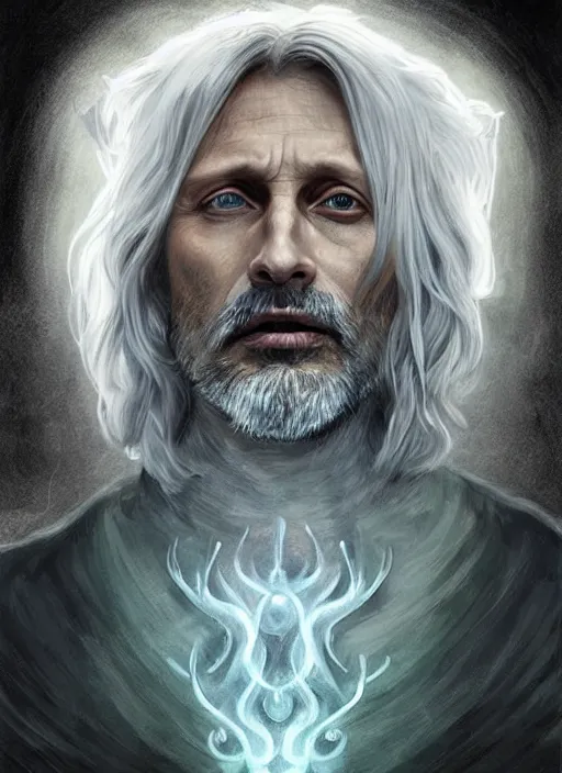 Image similar to Portrait of Mads Mikkelsen as a hexblade warlock aasimar, white glowing eyes, silver shaggy hair, short scruffy beard, cloak, teal ethereal tendril wings, male, fantasy, extremely detailed, digital painting, artstation, concept art, smooth, sharp focus, illustration, stunning lighting, art by artgerm and greg rutkowski and alphonse mucha and simon stalenhag, realistic character concept, high fantasy, light atmosphere, golden ratio, cinematic lighting, hyperdetailed, high resolution, insanely detailed and intricate, artstation, Marc Simonetti, Greg Rutkowski