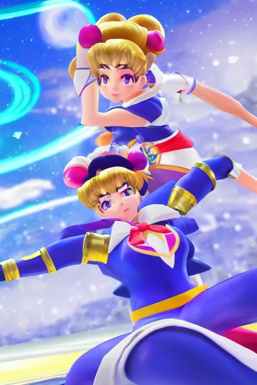 Prompt: sailor moon, overwatch main character Blizzard pixar 3d maya engine on stylized background splash comics global illumination lighting, fortunate style