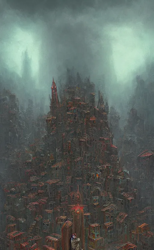 Image similar to an digital art of wild magic hex storm that destroys medieval fantasy city in style of zdislaw beksinski