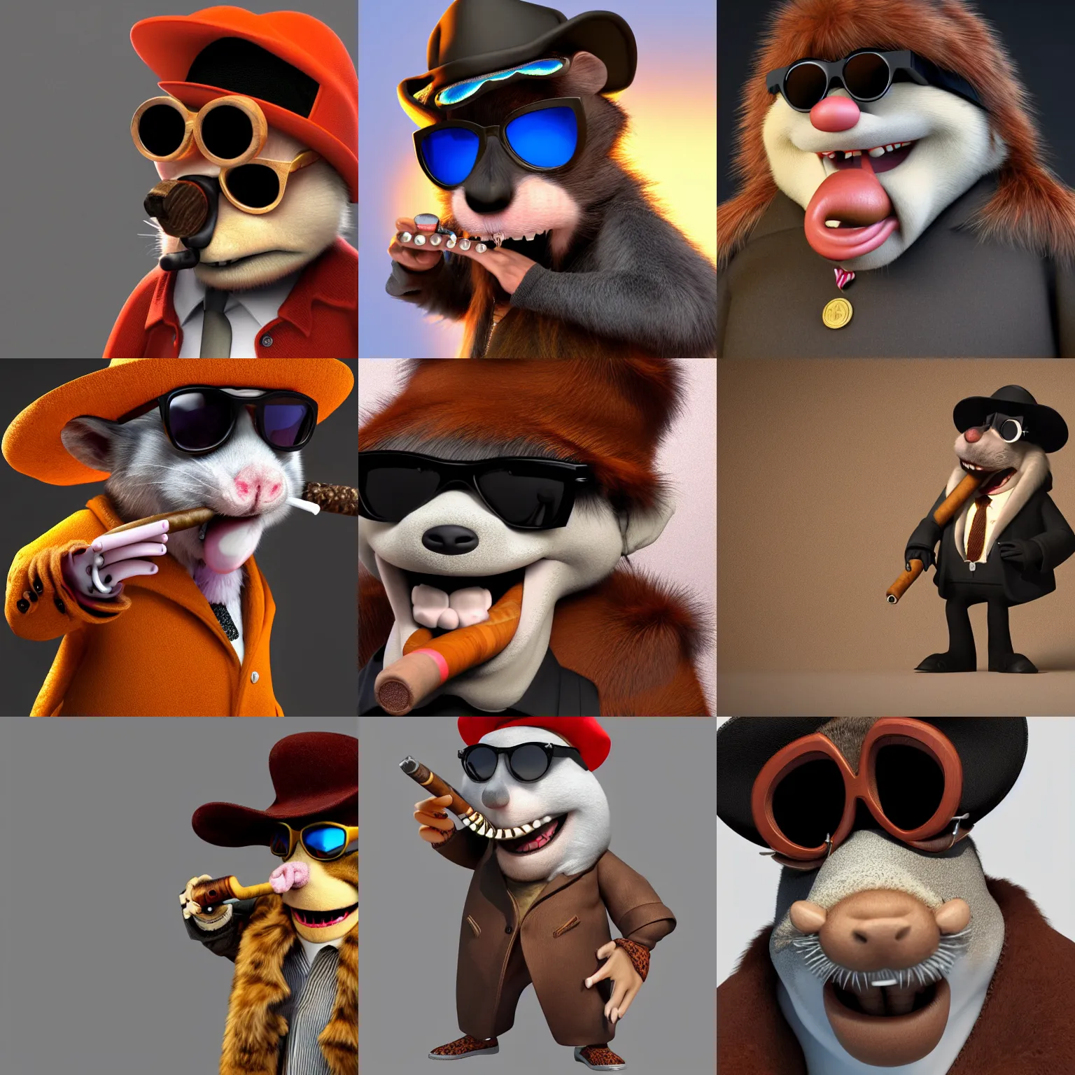 Prompt: anthropomorphic gangster rat with a large cigar in its mouth, wearing a fur coat, wearing sunglasses and a cap, long fur, anthropomorphic rat, detailed, 3d render, 4k, pixar