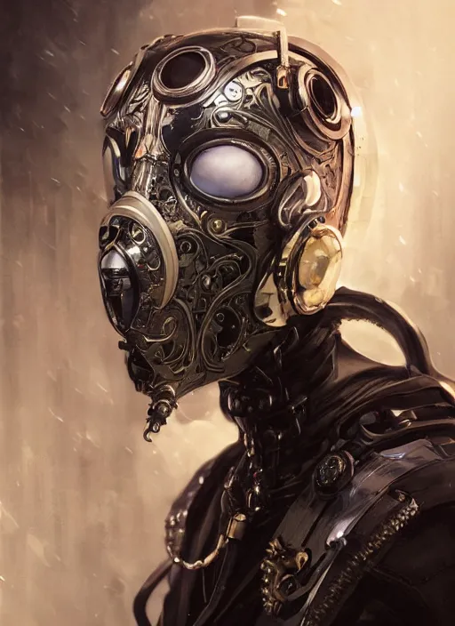 Prompt: a cyborg with mask, black leather garment with art nouveau ivory accessories, cyberpunk, darksynth, luxury, concept art by jama jurabaev, extremely detailed, ominous, ethereal, andree wallin, edvige faini, masamune shirow, alphonse mucha