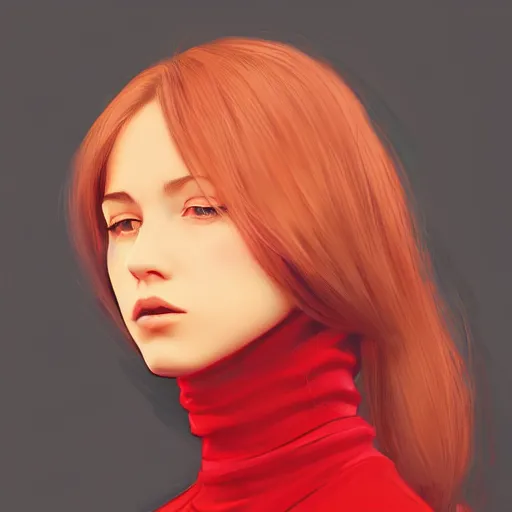 Image similar to girl in dark red turtleneck, black coat, elegant, 2d, ultra highly detailed, digital painting, smooth, sharp focus, artstation, portrait art by Ilya Kuvshinov