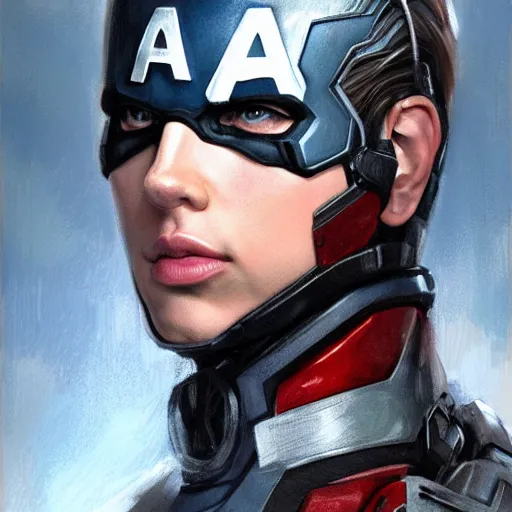 Image similar to captain america played by by scarlett johansson wearing heavy armour, face portrait, athletic strong body, hd shot, digital portrait, elegant, beautiful, fantasy art, artstation, comic style, by artgerm, guy denning, jakub rozalski, magali villeneuve and charlie bowater