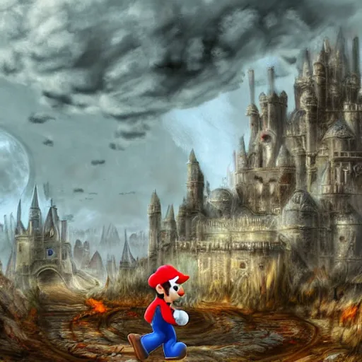 Image similar to concept art of mario from super mario bros in a ruined kingdom, resident evil, horror, occult, terror, mist, volumetric render, zoomed out wide angle digital painting, detailed painting