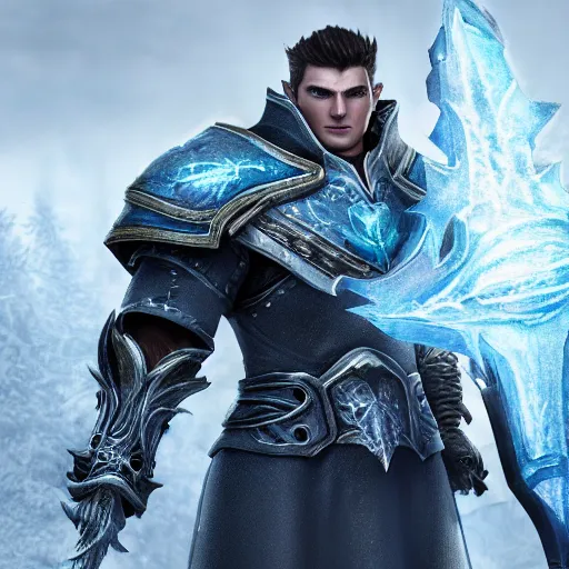 Image similar to 4 k unreal engine render of garen wearing frozen lich king's armor with frostmourne ultra details full body digital art