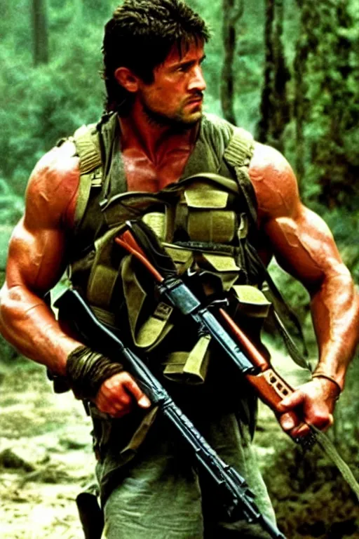 Prompt: still from the movie rambo of chris redfield, directed by steven spielberg