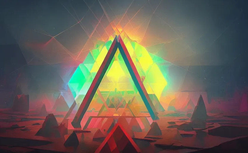 Image similar to a painting of a sierpinski icosahedron trending on artstation in the style of greg rutkowski, 3 d, fractal, 4 d, endless, rainbow, geometric tesseract, symmetry, wallpaper, sacred