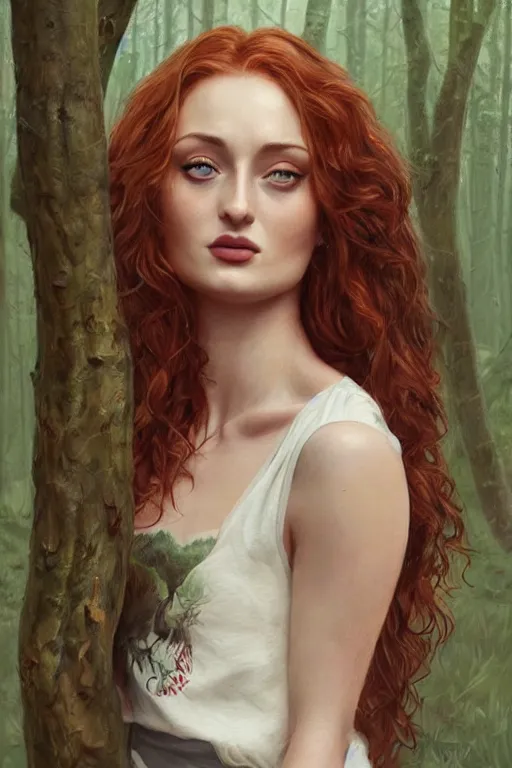 Prompt: woman, Sophie Turner, portrait, highly detailed, digital painting, artstation, summer forest background, concept art, sharp focus, illustration, overalls, long curly brown hair, art by artgerm and greg rutkowski and magali villeneuve