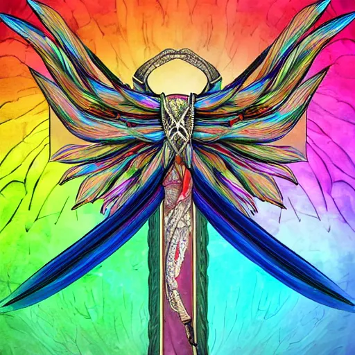 Image similar to medieval weapon, long spear made of feathered wings, prismatic, multi colored feathers, anime style, white background