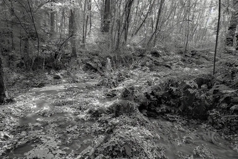 Prompt: infrared night vision trail cam of a blurry monster creeping through a creek