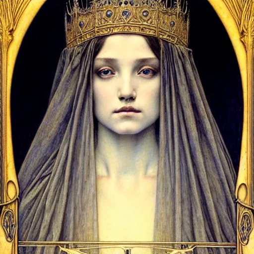 Prompt: detailed realistic beautiful young medieval queen face portrait by jean delville, gustave dore and marco mazzoni, art nouveau, symbolist, visionary, gothic, pre - raphaelite. horizontal symmetry