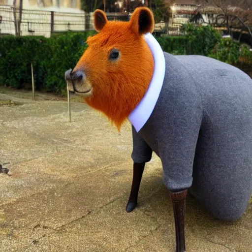 Image similar to an antropomorphic capybara wearing a suit smoking a cigar