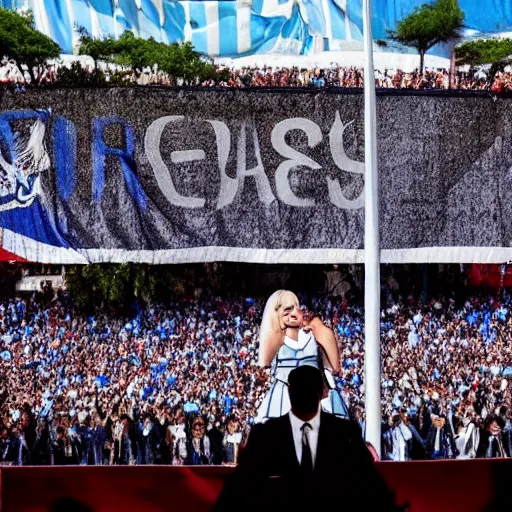 Image similar to Lady Gaga as president, Argentina presidential rally, Argentine flags behind, bokeh, giving a speech, detailed face, Argentina