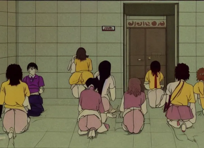 Image similar to screenshot from 8 0's horror guro anime, yellowed grainy noisy vhs footage, few schoolgirls trapped in a bathroom, stalls and sinks and tiled floor, sad scared girls are in beige sailor school uniforms, sitting on the floor, yelling at one another, detailed expressive faces, various hair colors and styles, expressive beautiful eyes in the style of ghibli,