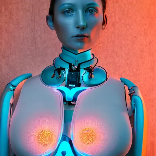 Prompt: beautiful Fine art photography, medium shot, of a solarpunk half robot half human girl with real human face, led lights over body, highly detailed, photorealism, cinematic lighting 8k